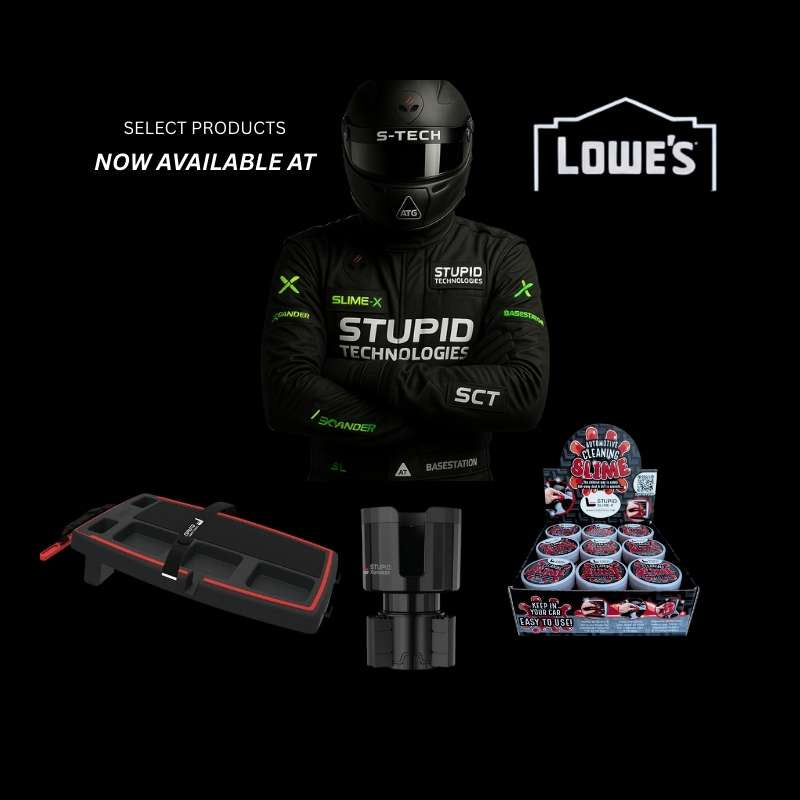 Stupid Technologies racecar driver with products available at Lowe's displayed