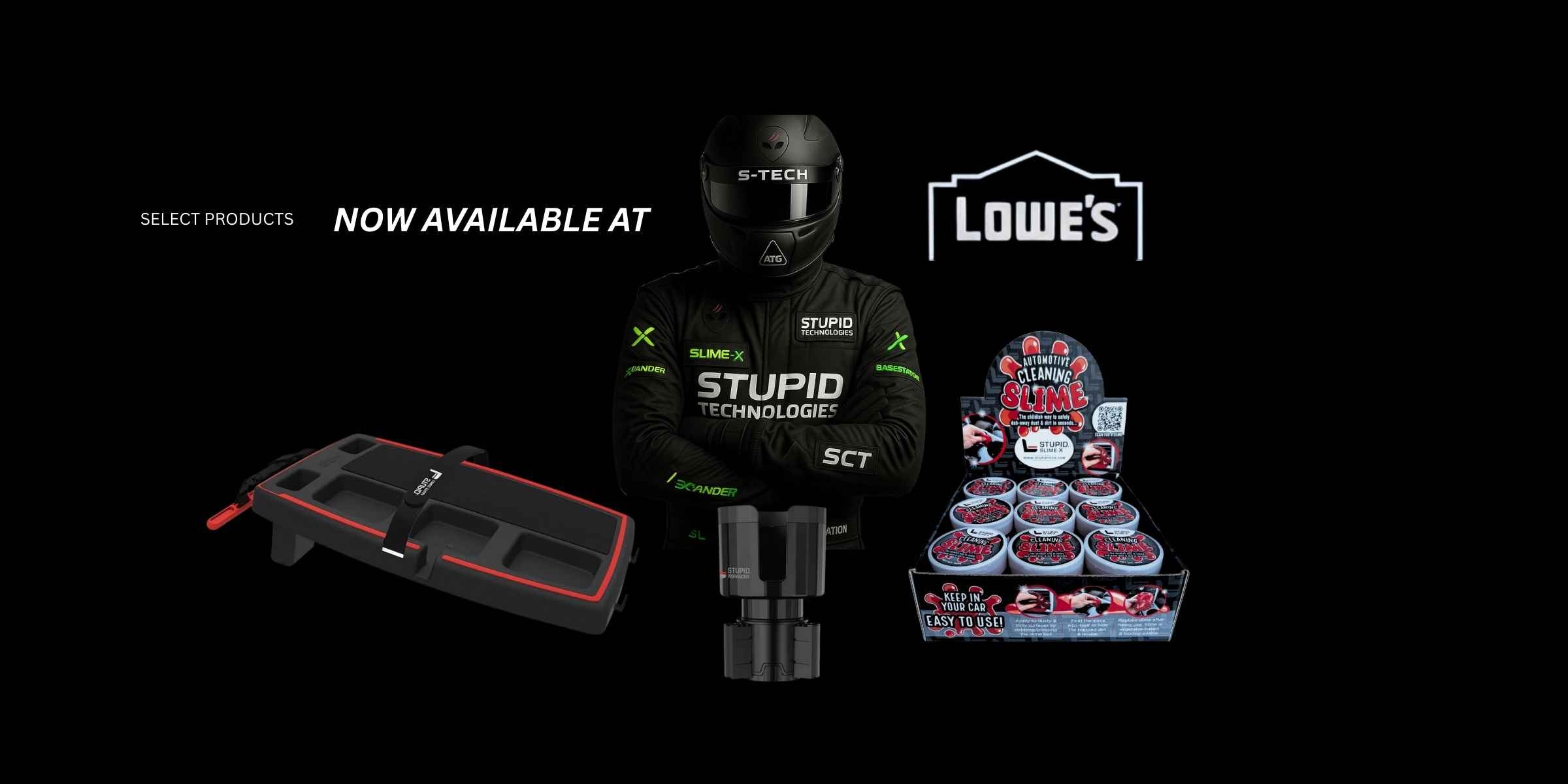 Stupid Technologies racecar driver with products available at Lowe's displayed