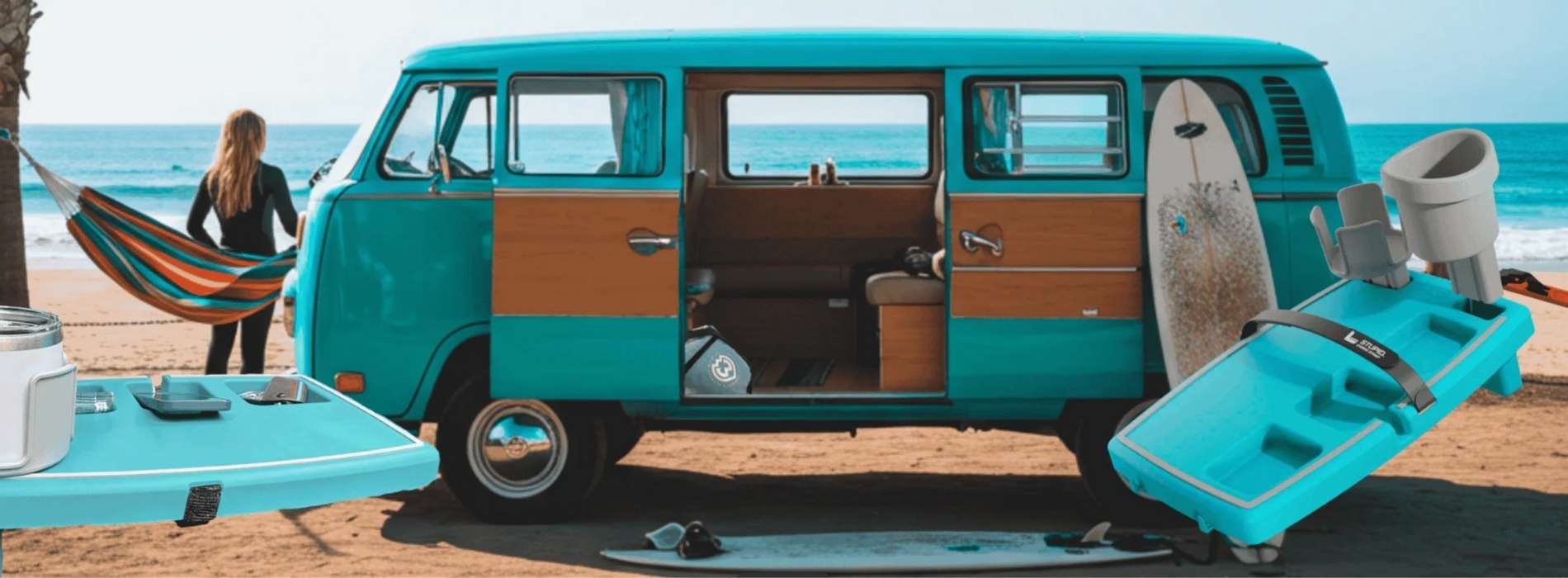 Turquoise and brown vintage van on a beach with a person and surfboard in the background and teal stupid car tray image in the foreground.
