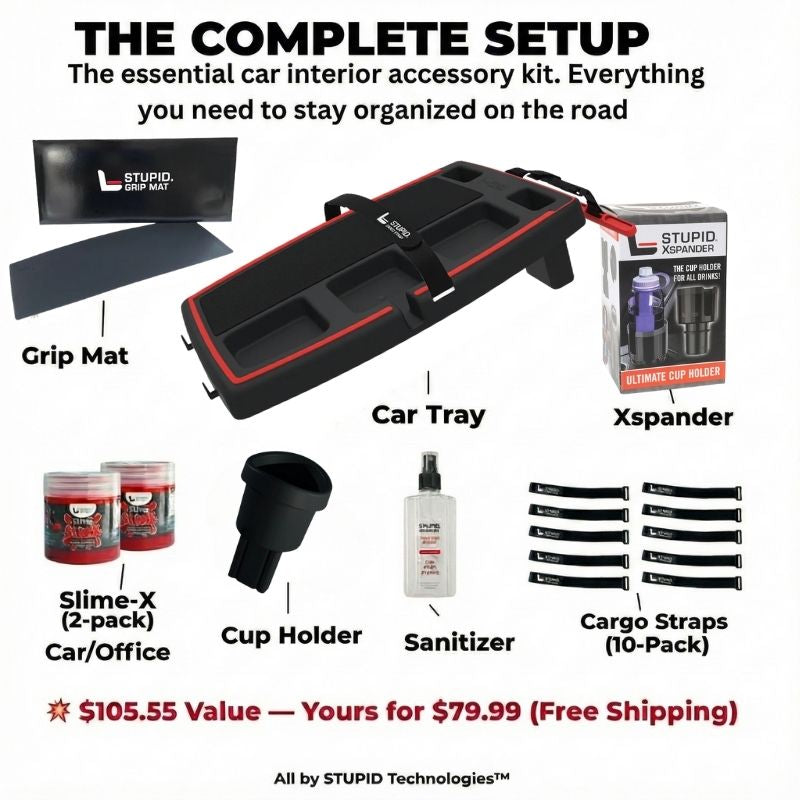 Stupid Car Tray Complete Setup bundle featuring passenger seat organizer, Xspander cup holder adapter for large bottles, grip mat, cleaning slime, and cargo straps.