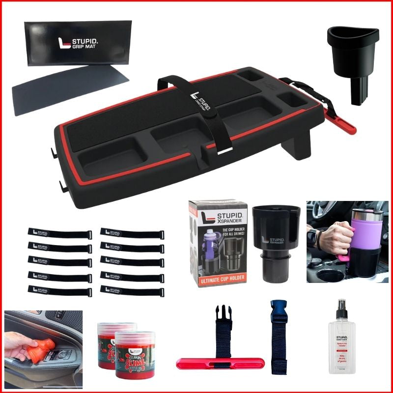 Stupid Car Tray Complete Setup bundle featuring passenger seat organizer, Xspander cup holder adapter for large bottles, grip mat, cleaning slime, and cargo straps.