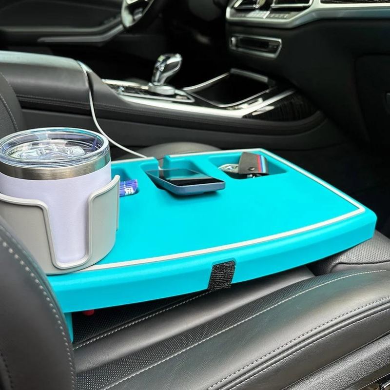 Teal stupid car tray organizer on seat with 15% off sale promo