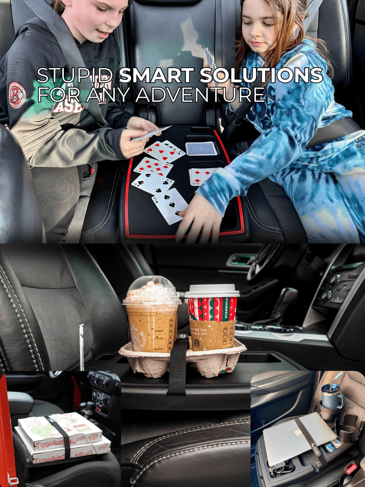 Two children playing cards in a car with a cup holder and snacks.