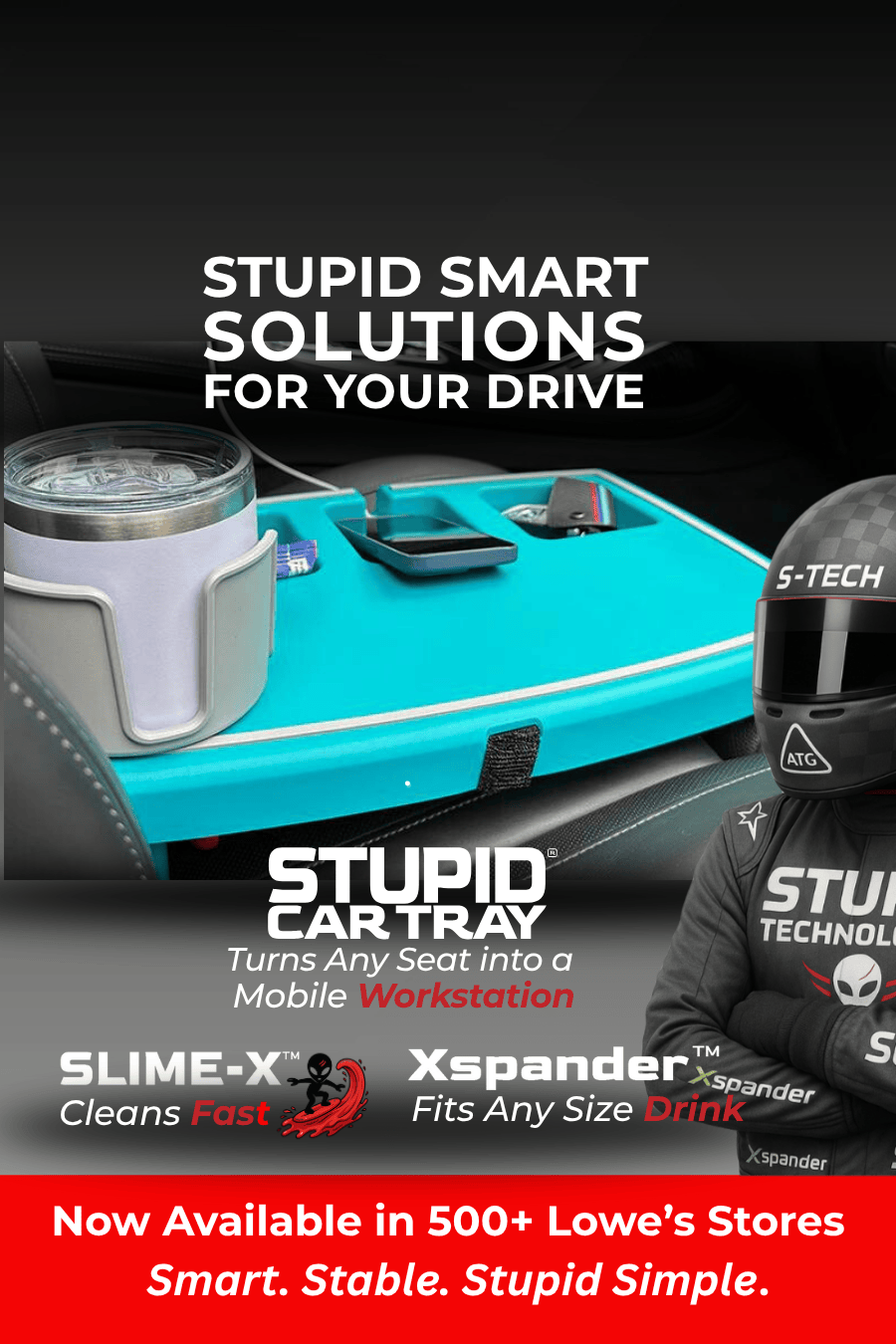 Advertisement for a car tray with text 'Stupid Smart Solutions for Your Drive' and branding elements.