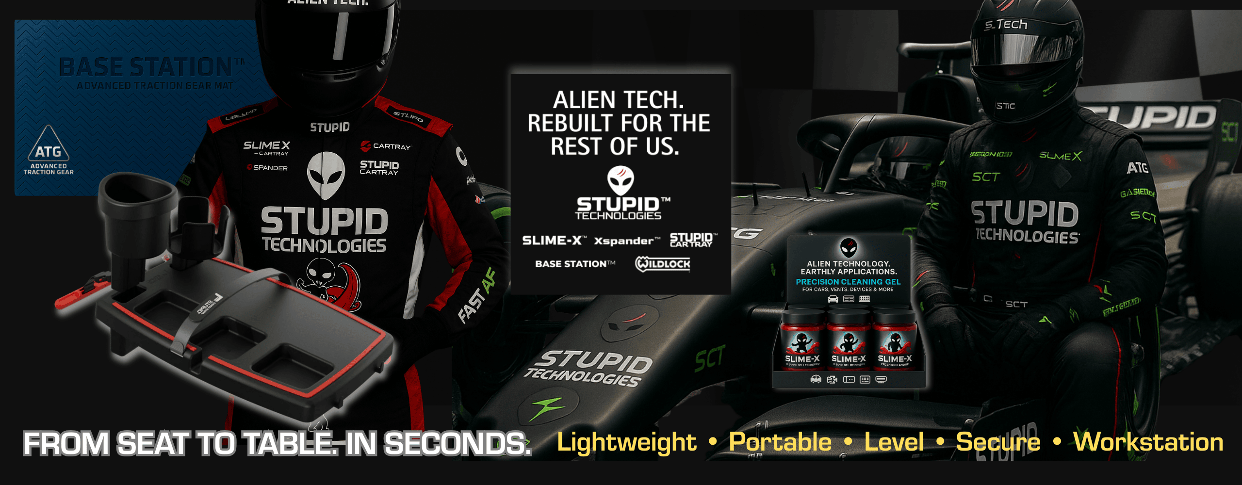 Stupid Technologies gear with Alien Tech branding on a dark background