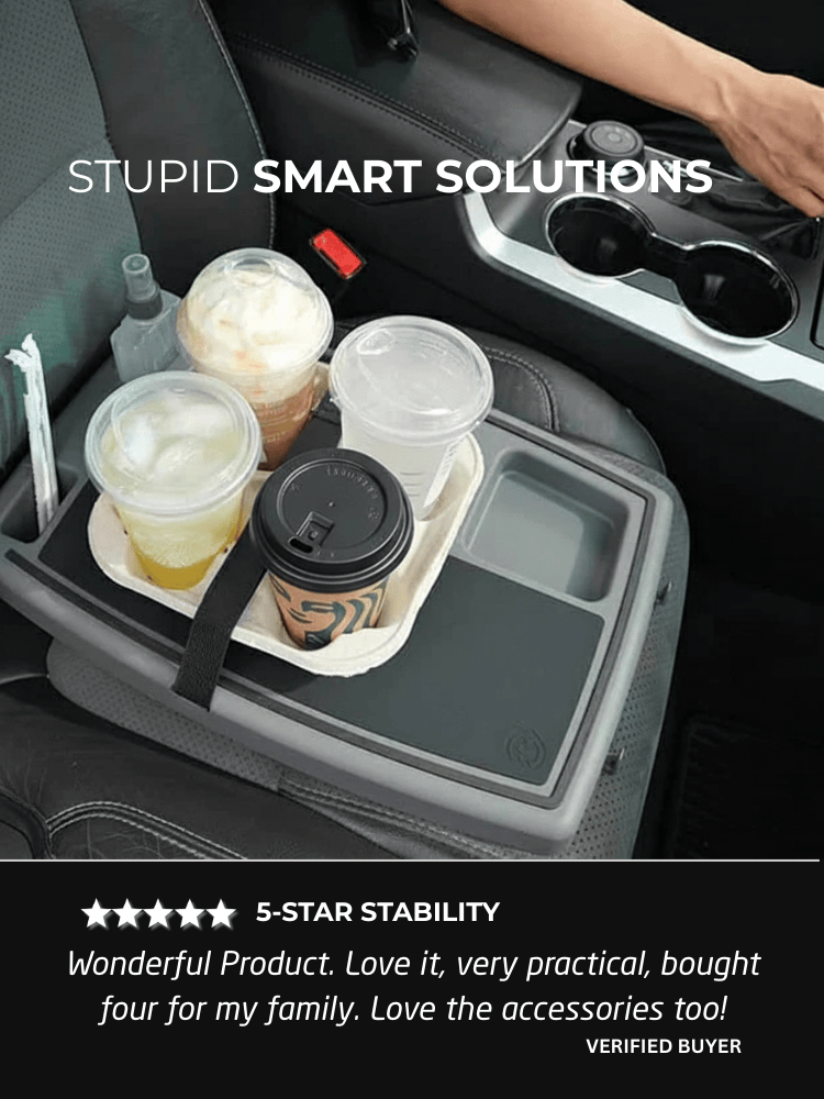 Car cup holder organizer with multiple drinks and text about product quality.