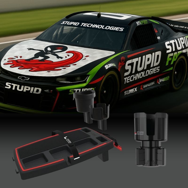 Race car with 'Stupid Technologies' branding and related products displayed below.