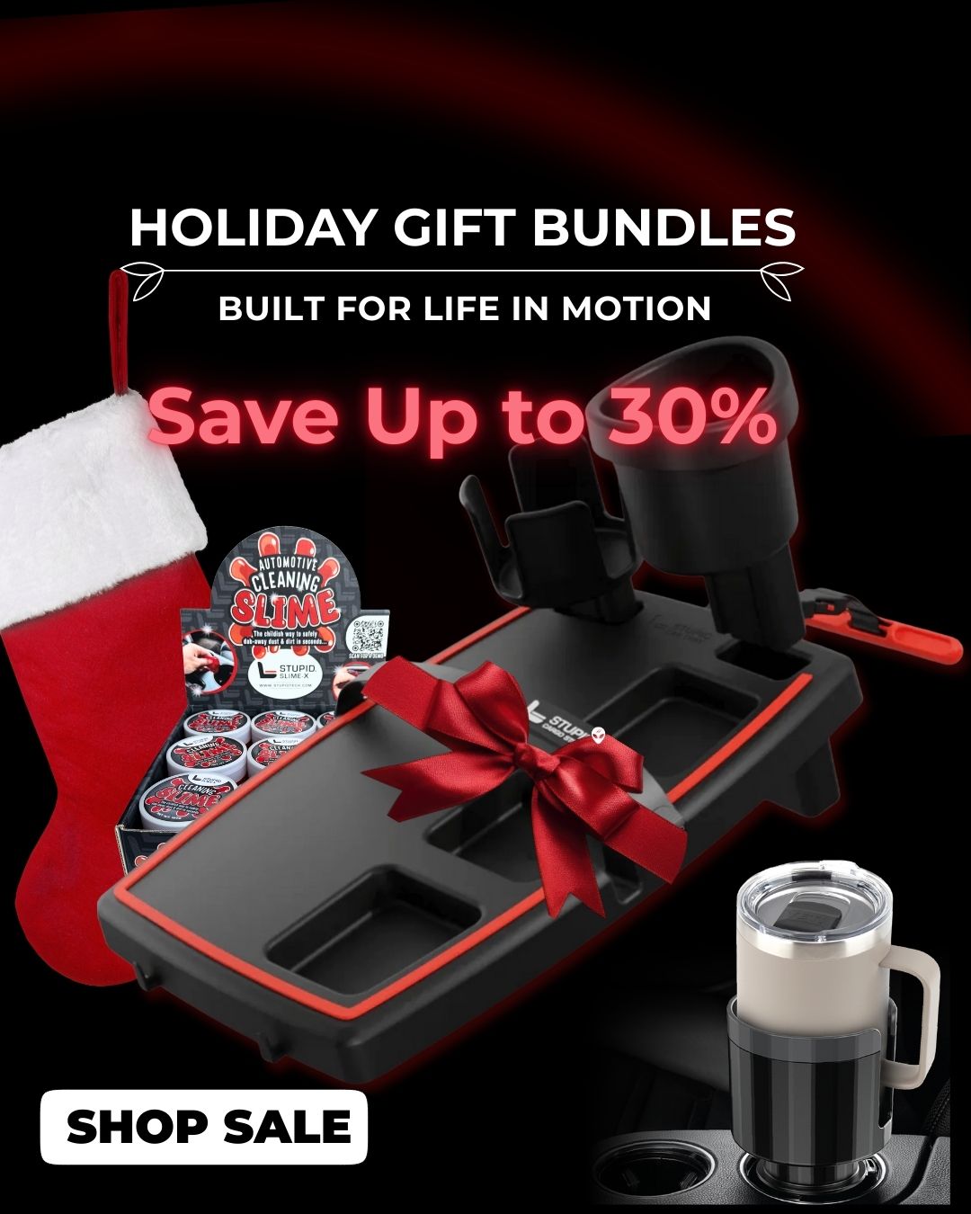 Stupid Car Tray Holiday Gift Bundles. Save Up to 30% on car organizers, cup holder expanders, and cleaning slime. Essential car accessories kit with Christmas stocking and red bow.