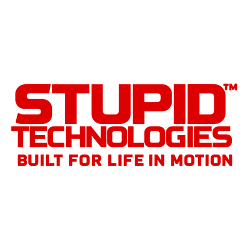 Red text 'STUPID TECHNOLOGIES BUILT FOR LIFE IN MOTION' on a white background