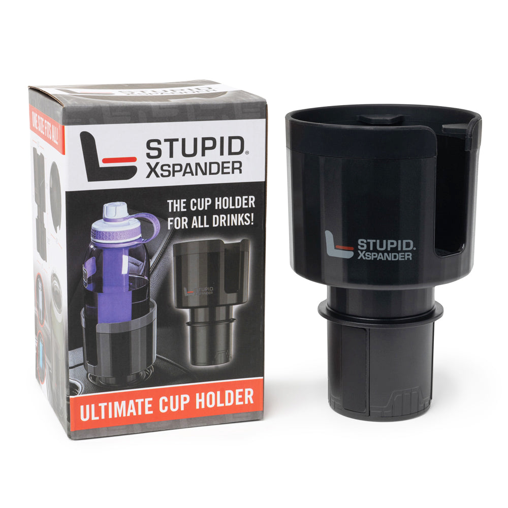 Universal car cup holder adapter expanding to fit large 40oz Yeti and Hydroflask water bottles in a center console.