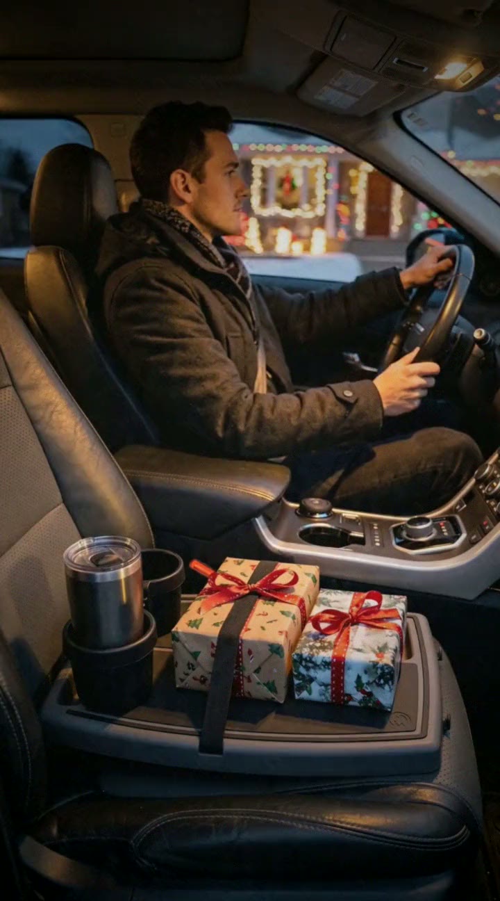 Stupid Car Tray holding wrapped holiday gifts on the passenger seat